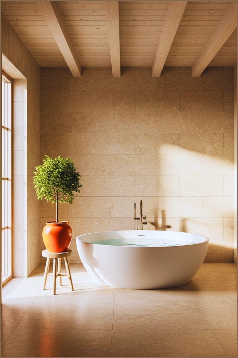 Warm Neutral Bathroom, Beige Stone Tile Walls, Wooden Ceiling