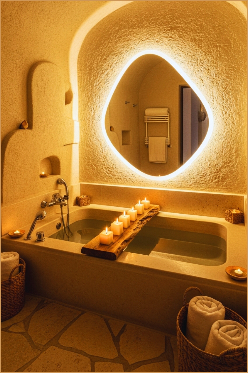 Warm Organic Spa Bathroom With Sculpted Stone Walls
