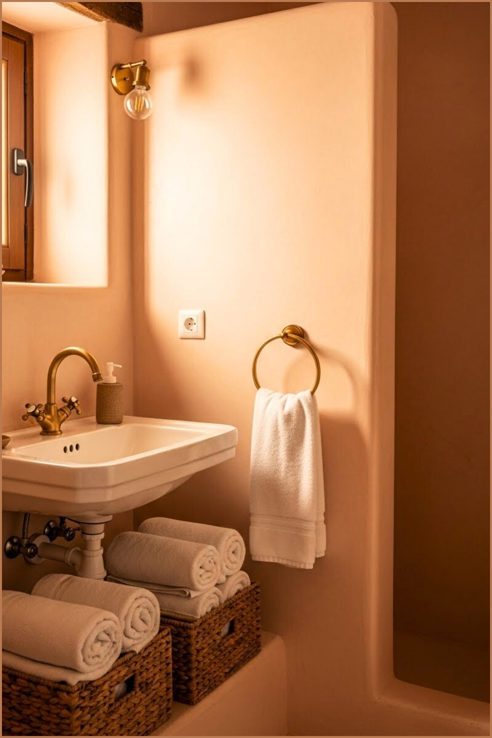 Warm Peach-toned Plaster Walls, Pedestal Sink