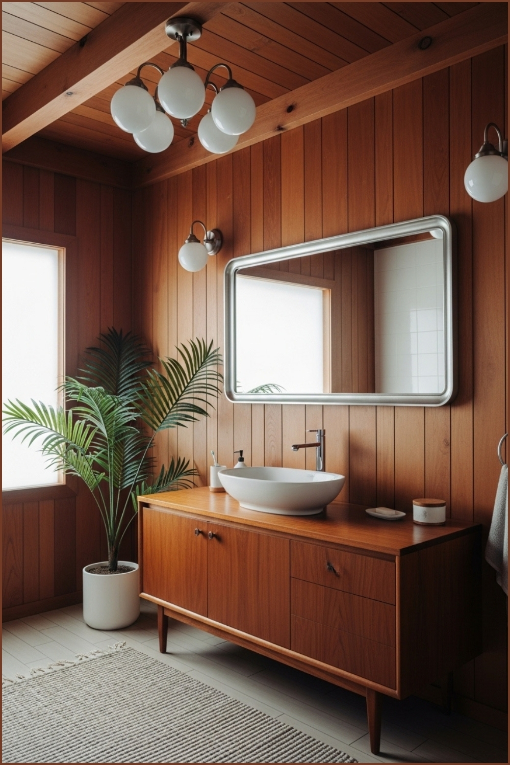 Warm Retro Inspired Bathroom With Wood-panelled Walls