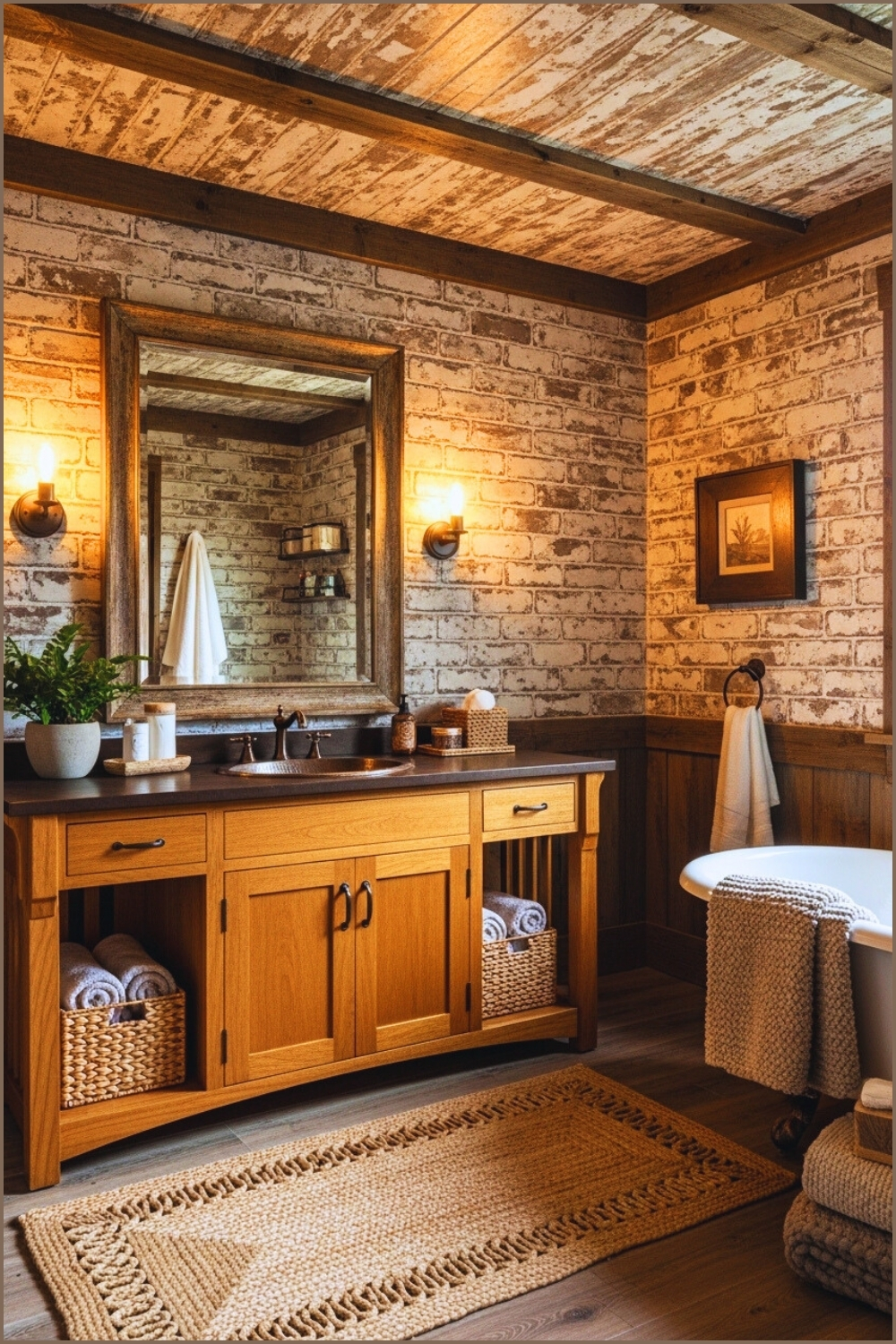 Warm Rustic Bathroom, Brick-patterned Wood Wall And Ceiling
