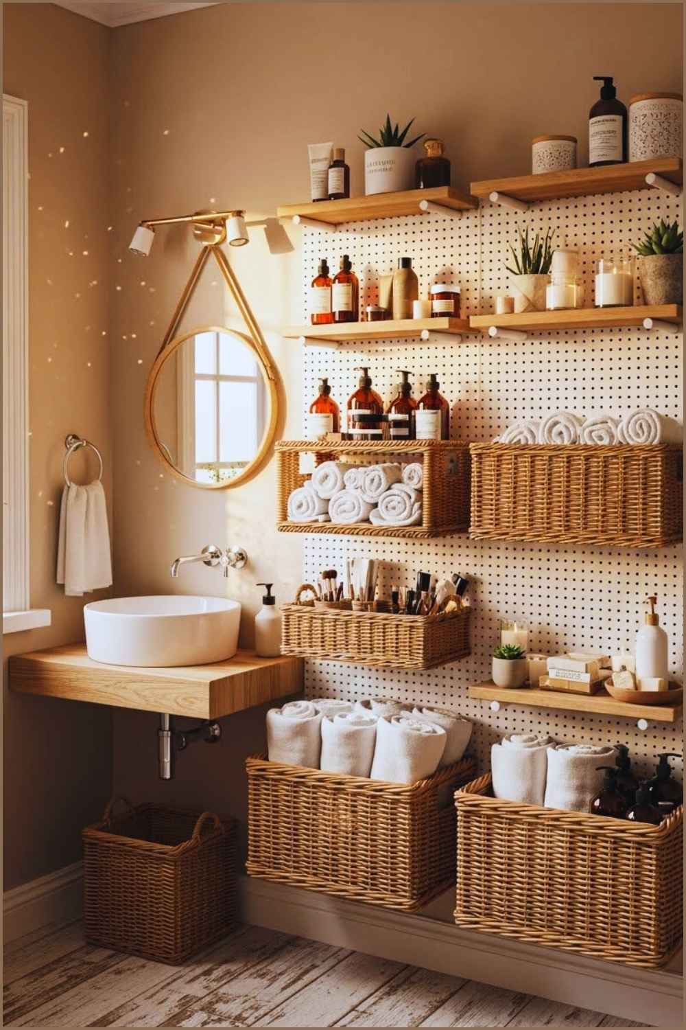 Warm Rustic Bathroom With White Pegboard Wall Storage