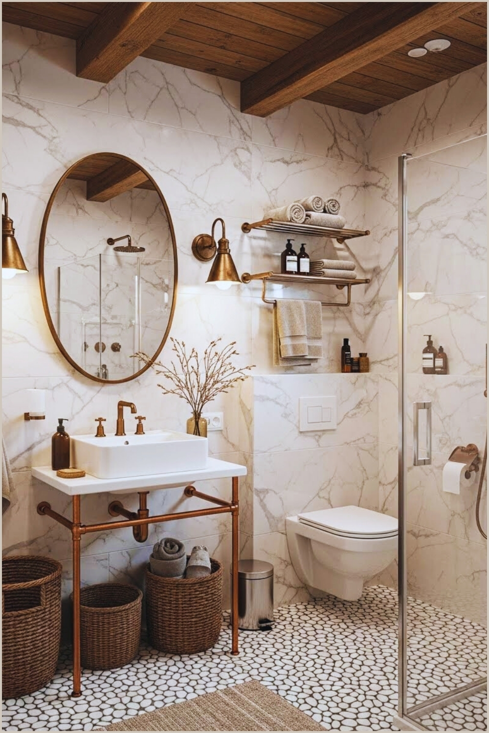 Warm Rustic Modern Bathroom With Marble Effect