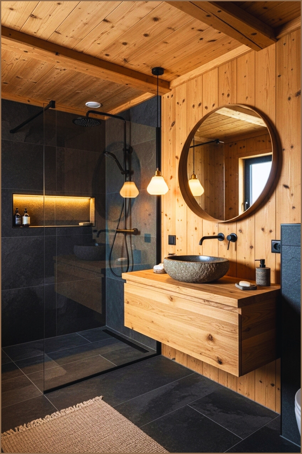 Warm Rustic Modern Bathroom With Natural Wood Walls