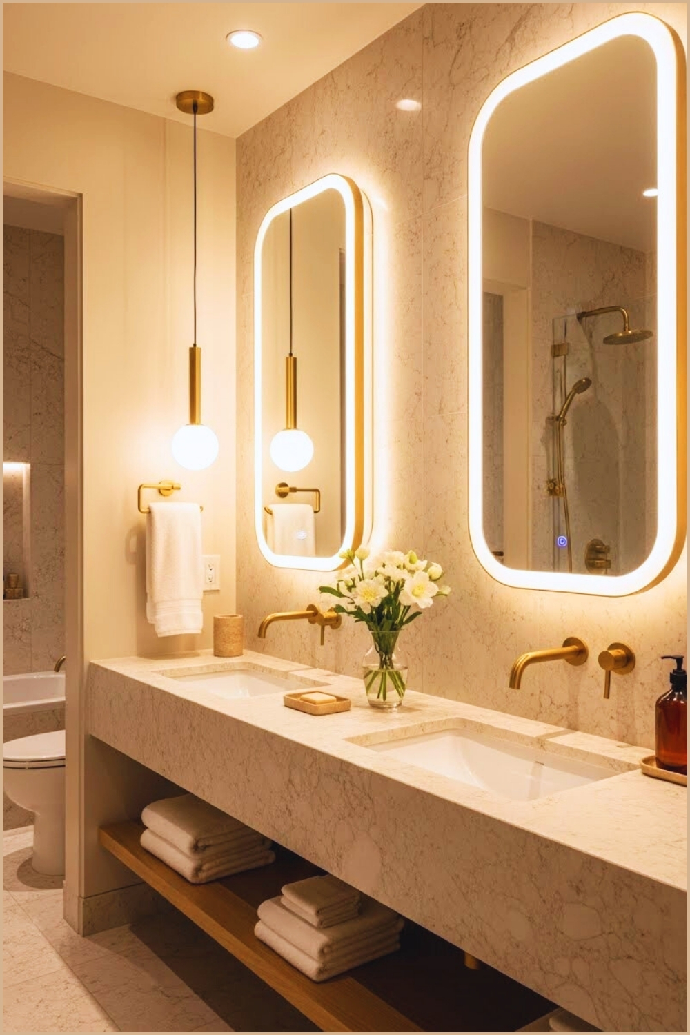 Warm Sophisticated Bathroom Blends Soft Lighting