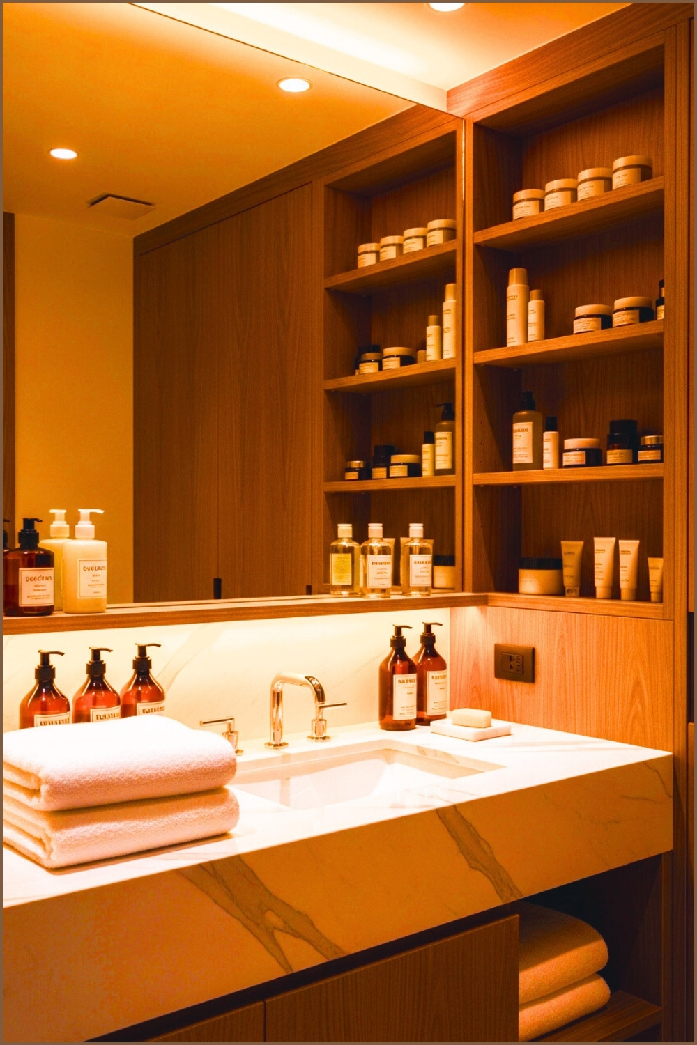 Warm Spa Inspired Bathroom Vanity With Stacked White Towels