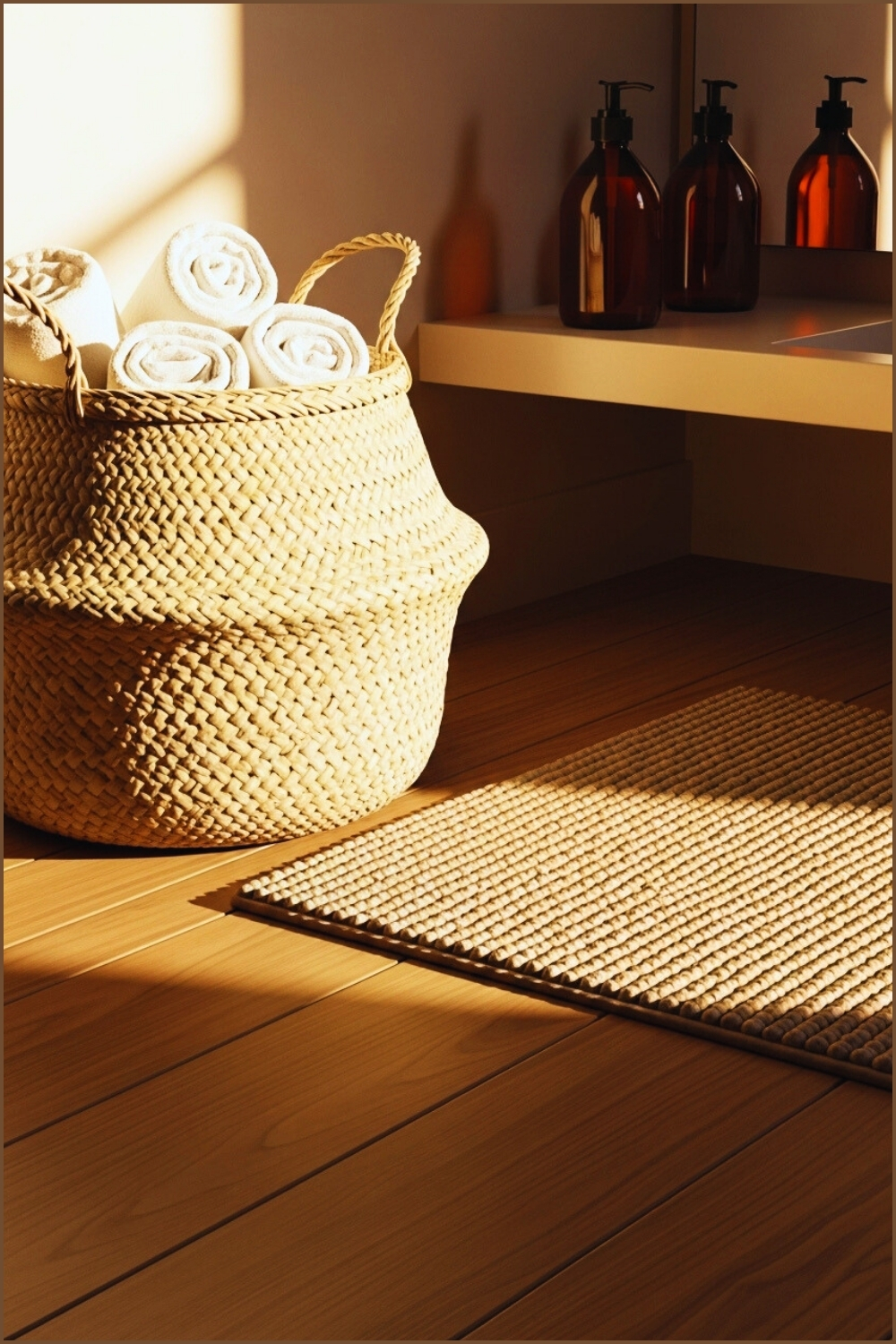 Warm Sunlit Bathroom Corner Featuring A Woven Natural