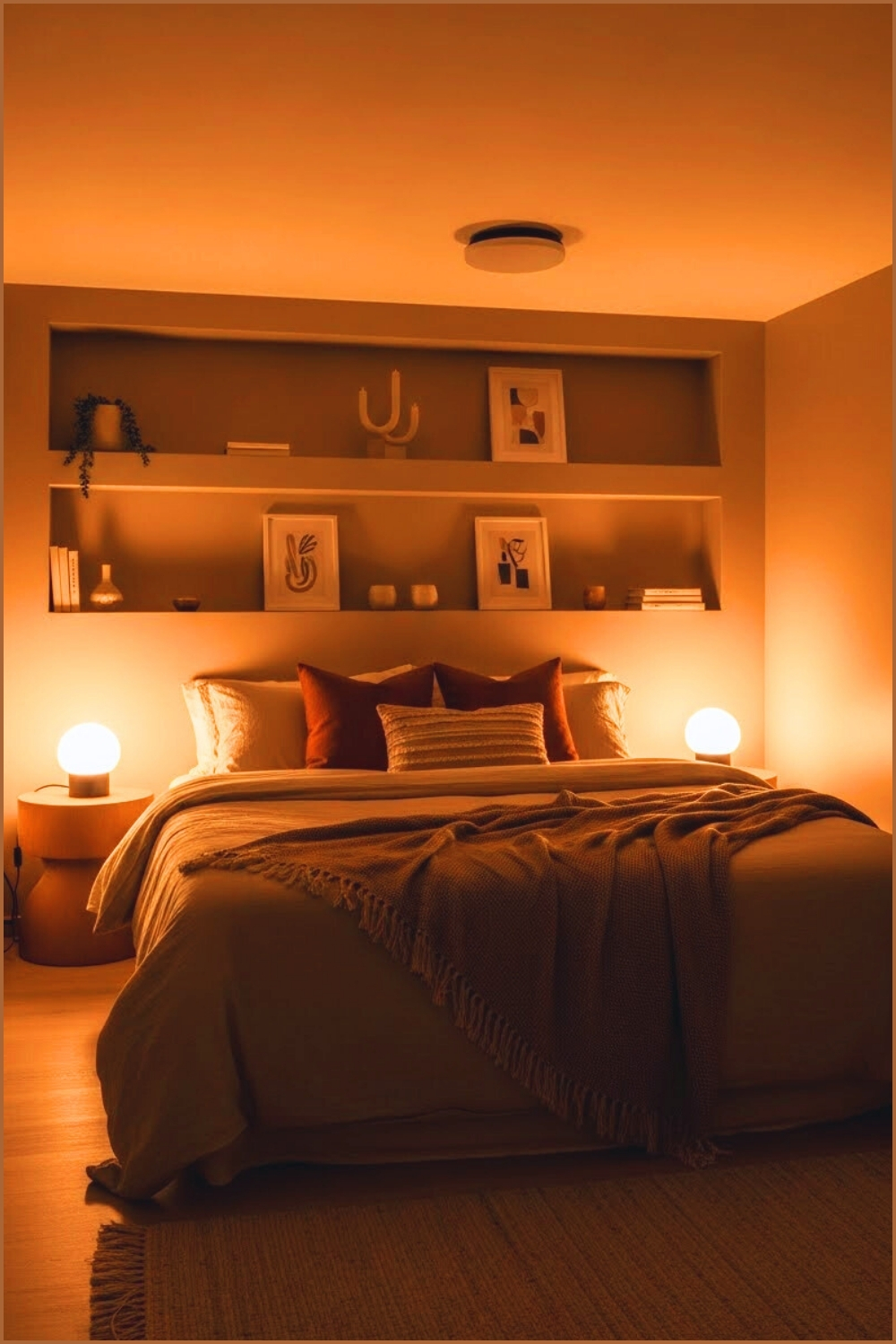 Warm Toned Basement Bedroom With Built In Wall