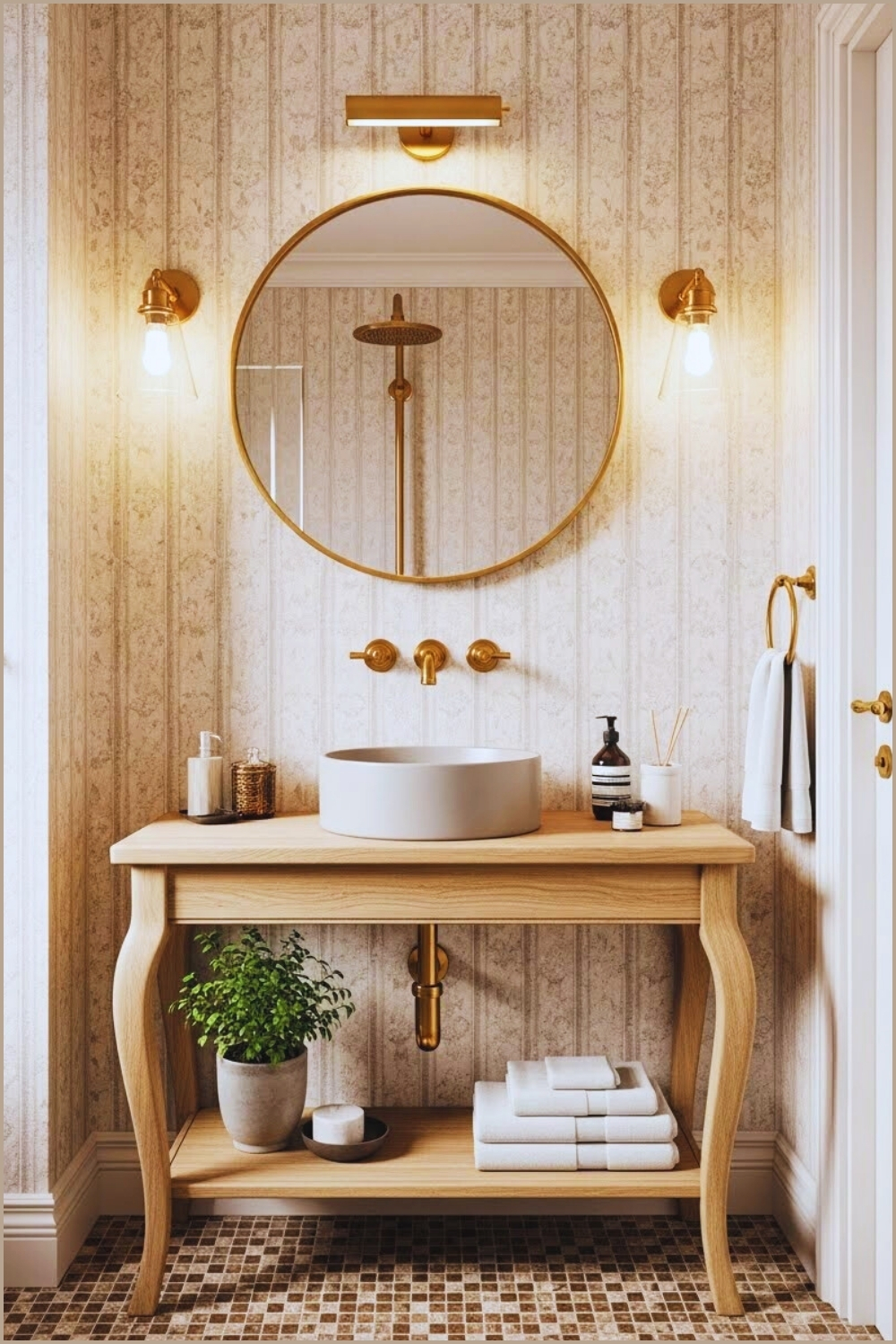 Warm Vintage Inspired Bathroom With Brass Exposed