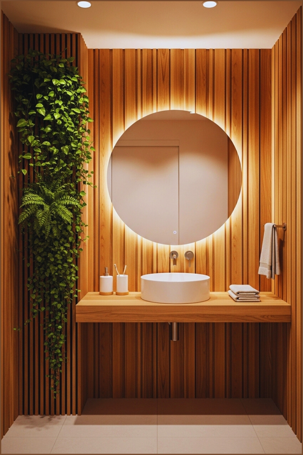 Warm Wooden Bathroom With Vertical Plank Walls