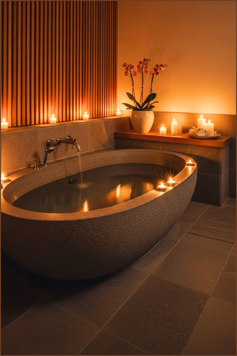 Warm Zen Spa Bathroom, Oval Stone Bathtub Filled