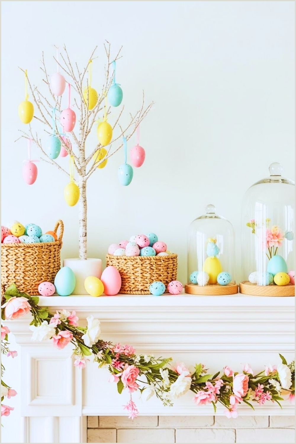 Whimsical Easter Mantel Decorated With Pastel Eggs