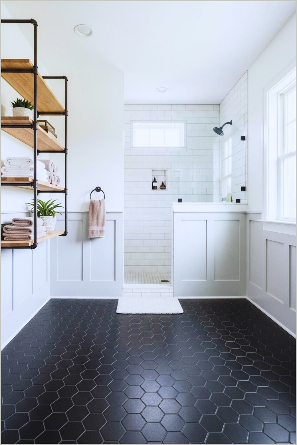 White And Grey Bathroom With Black Hexagon Floor Tiles, Half Wall Glass