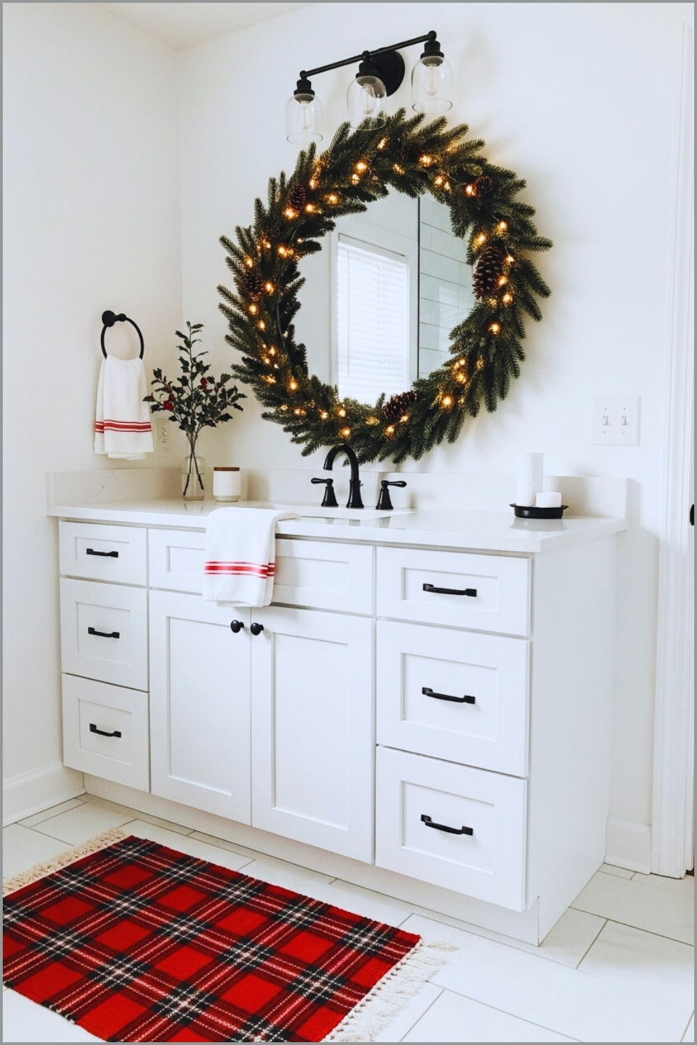 White Farmhouse Bathroom With Holiday Accents, Round Mirror