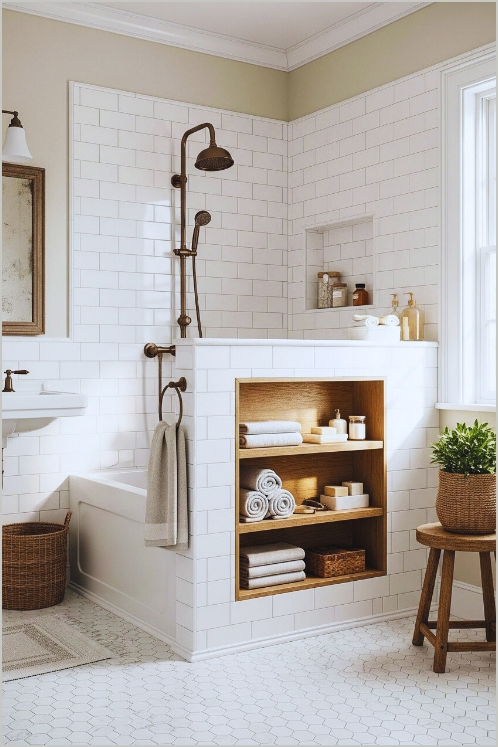 White Vintage Farmhouse Bathroom With Subway Tiles