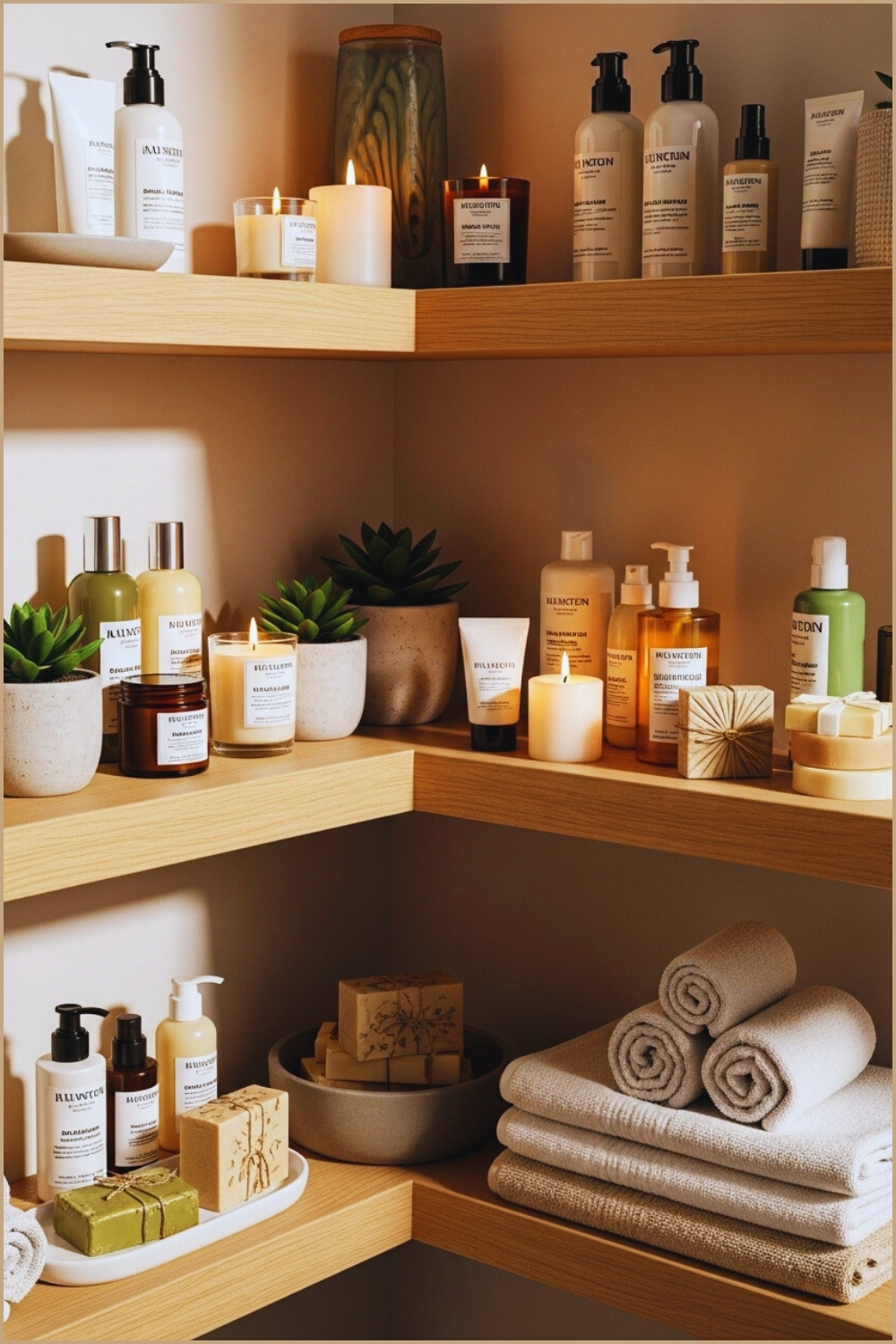 Wooden Corner Bathroom Shelves With Skincare Bottles