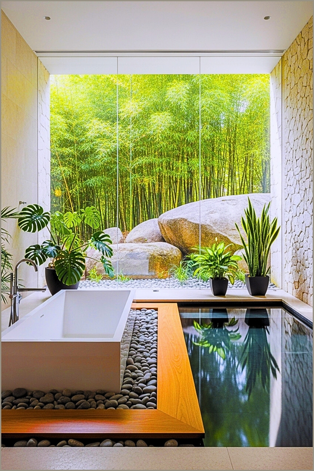 Zen Inspired Spa Bathroom With A Freestanding White Soaking