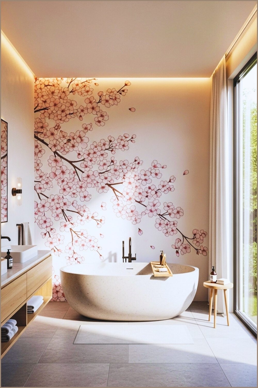 Zen Modern Bathroom With Sakura Floral Wall Mural