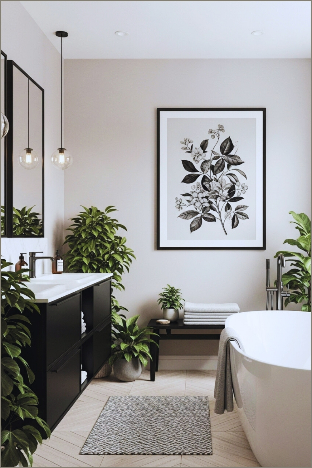 stylish monochrome bathroom, large botanical framed art