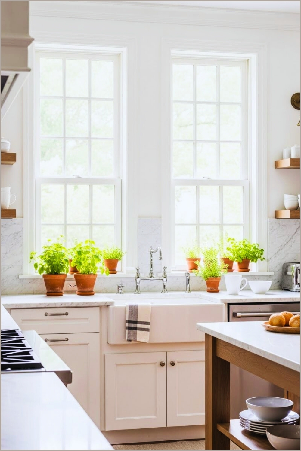A Bright Clean White Kitchen With Marble Countertops