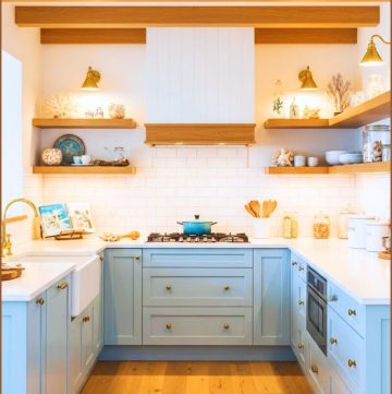 A Bright Coastal-inspired U-shaped Kitchen With Soft Light Blue