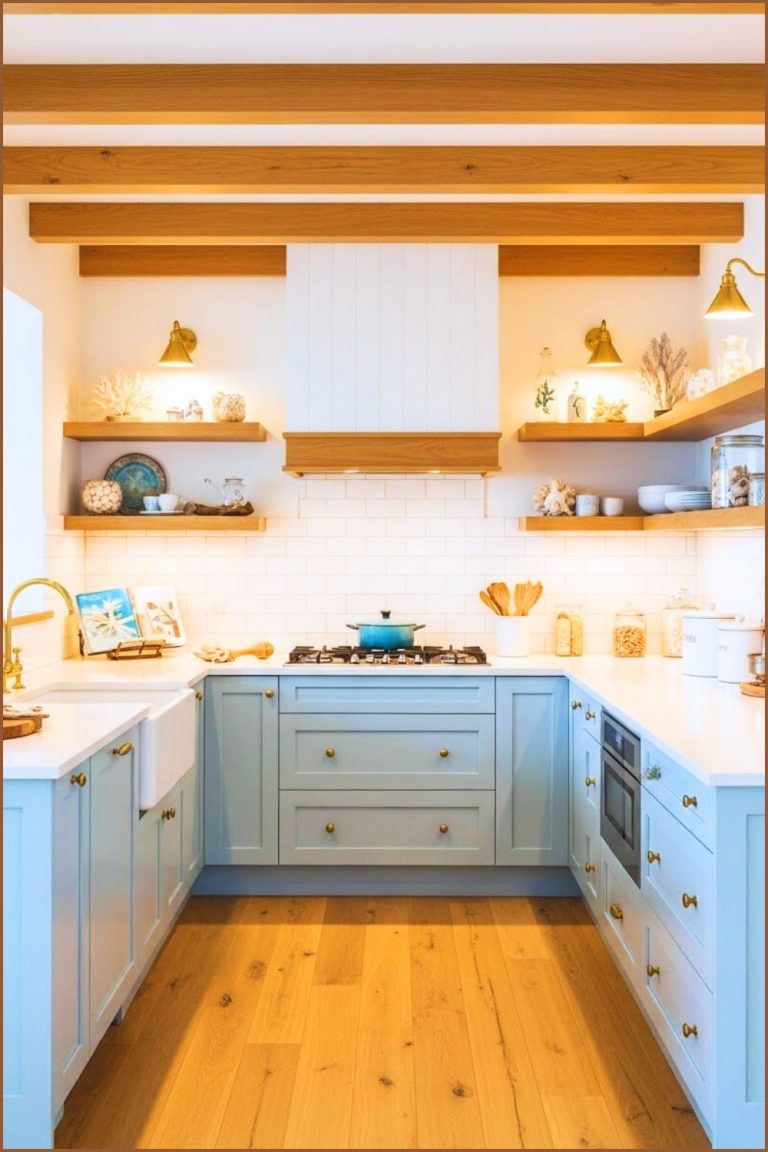 A Bright Coastal-inspired U-shaped Kitchen With Soft Light Blue