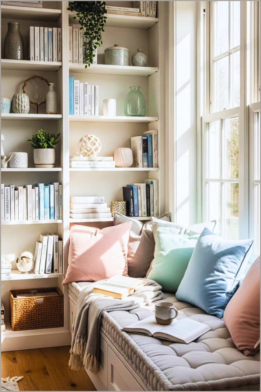 A Bright Cozy Window Reading Nook With Built In White Bookshelves