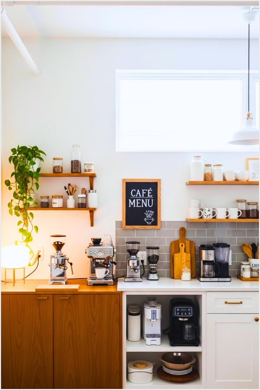 A Bright Farmhouse Kitchen Coffee Bar With White Shaker Cabinets