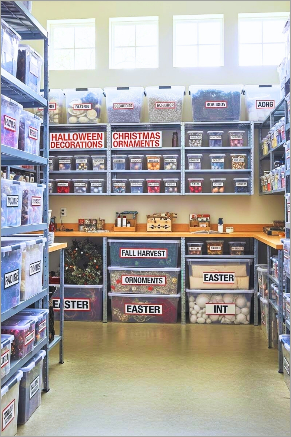 A Bright Garage Storage Room With Metal Shelving
