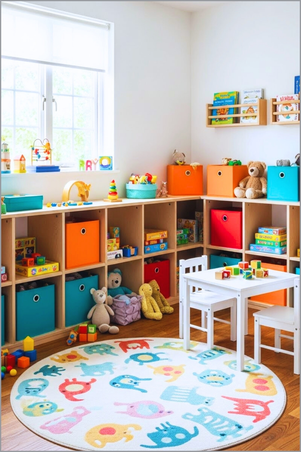 A Bright Kids Playroom With Built-in Cubby Storage