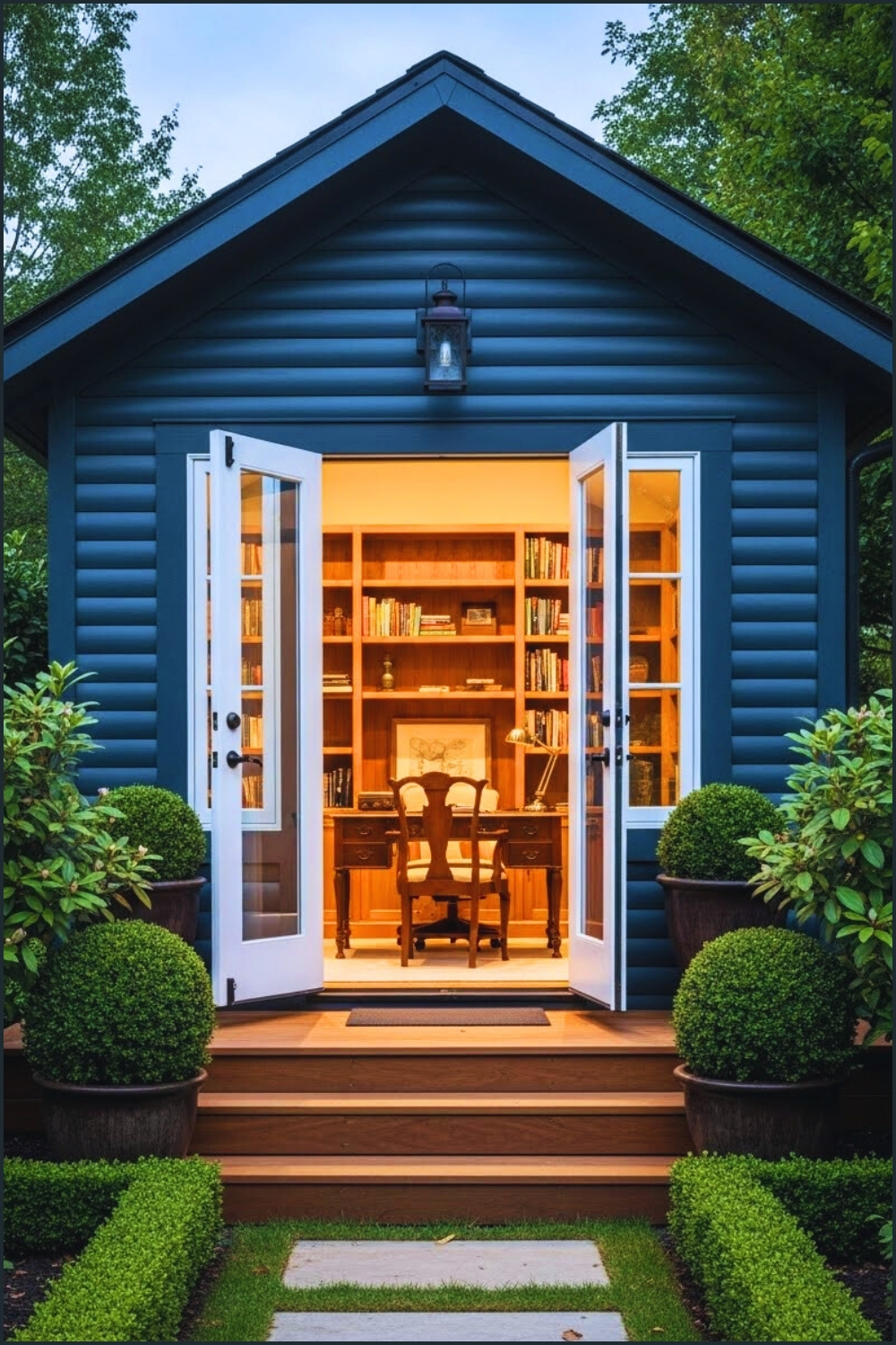 A Charming Dark Blue Cottage Style Backyard Office With Classic