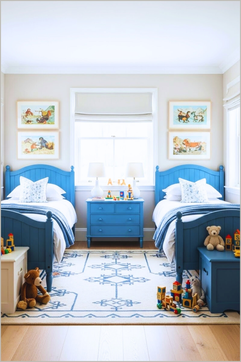 A Charming Kids Bedroom With Twin Beds, Blue Painted