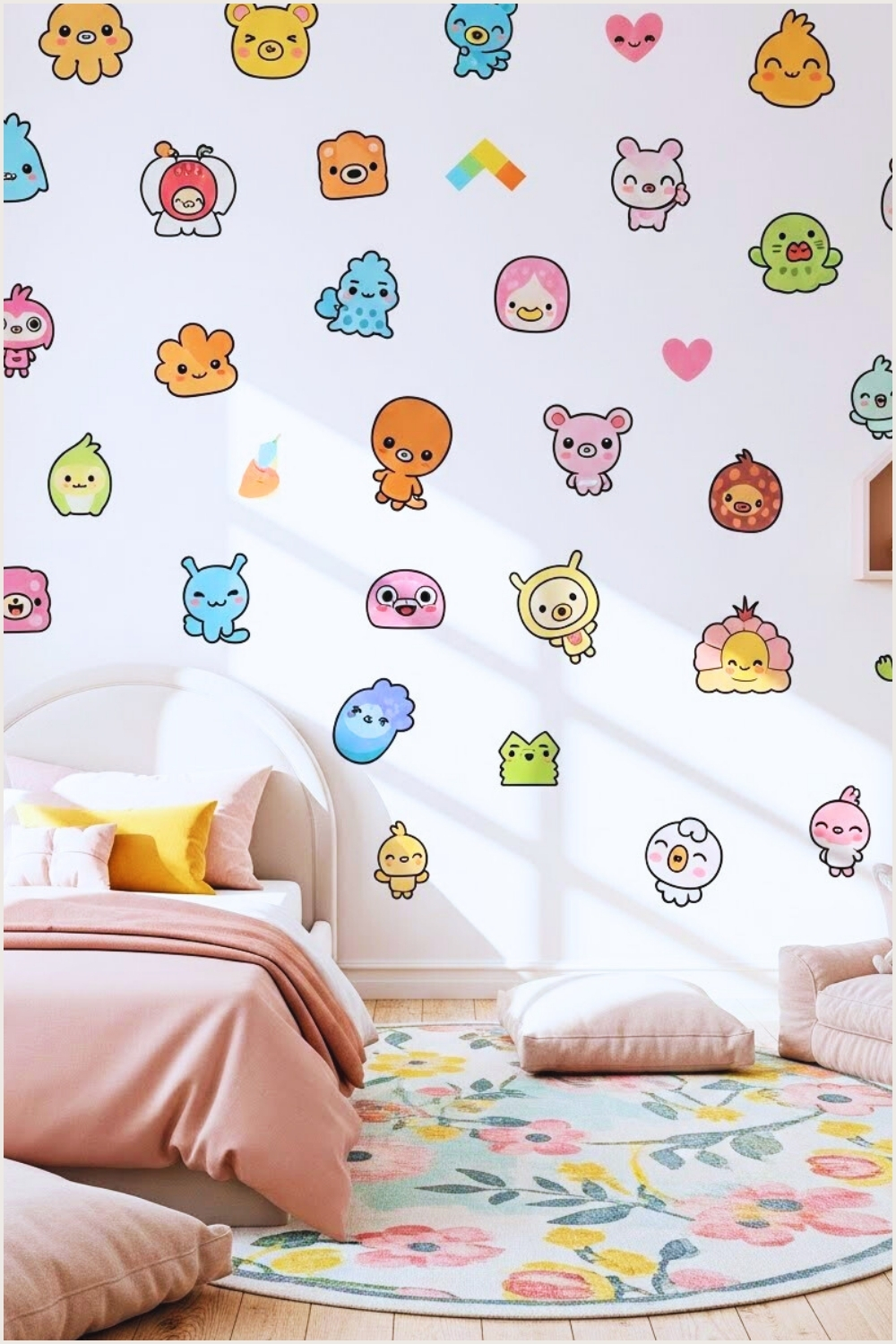 A Cheerful Children’s Bedroom With A White Wall Covered