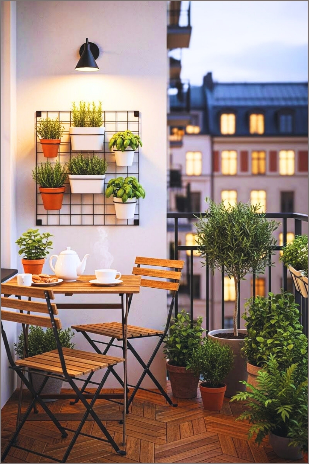 A Chic Balcony With A Black Metal Grid Hanging Herb