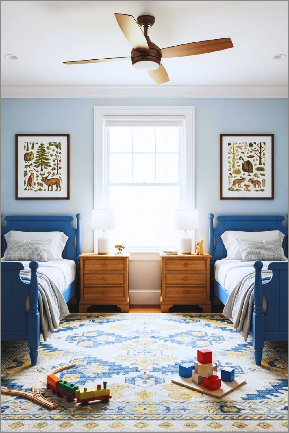 A Classic Kids Bedroom With Twin Beds, Blue Painted