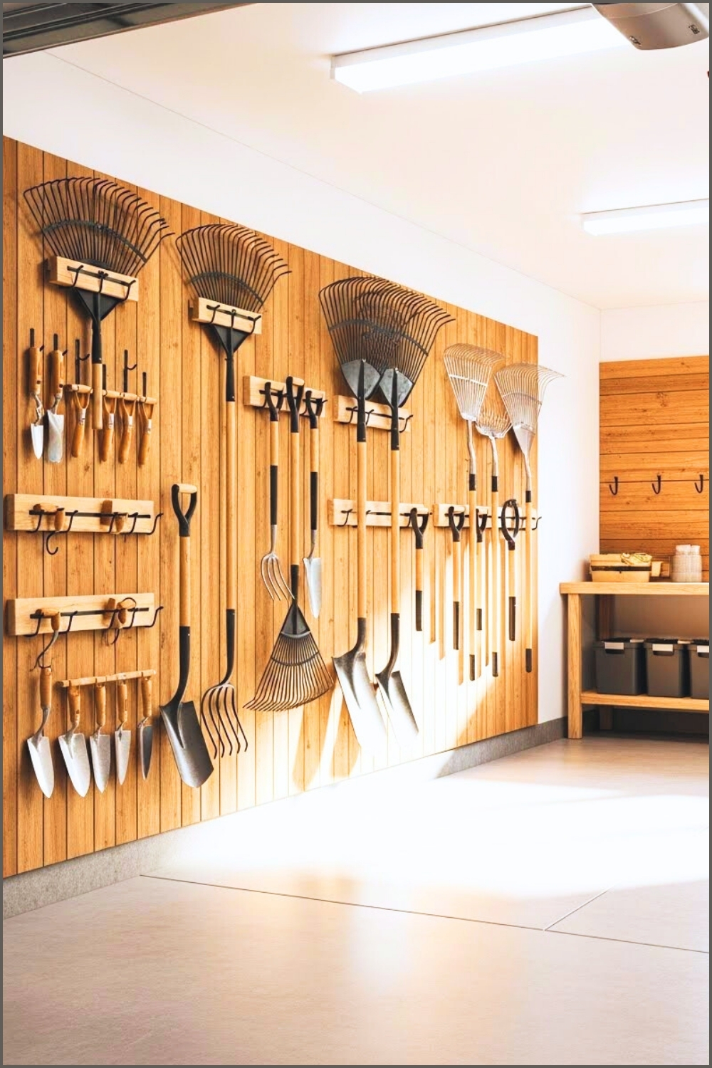 A Clean Garage With Wooden Wall Panels Holding Rakes