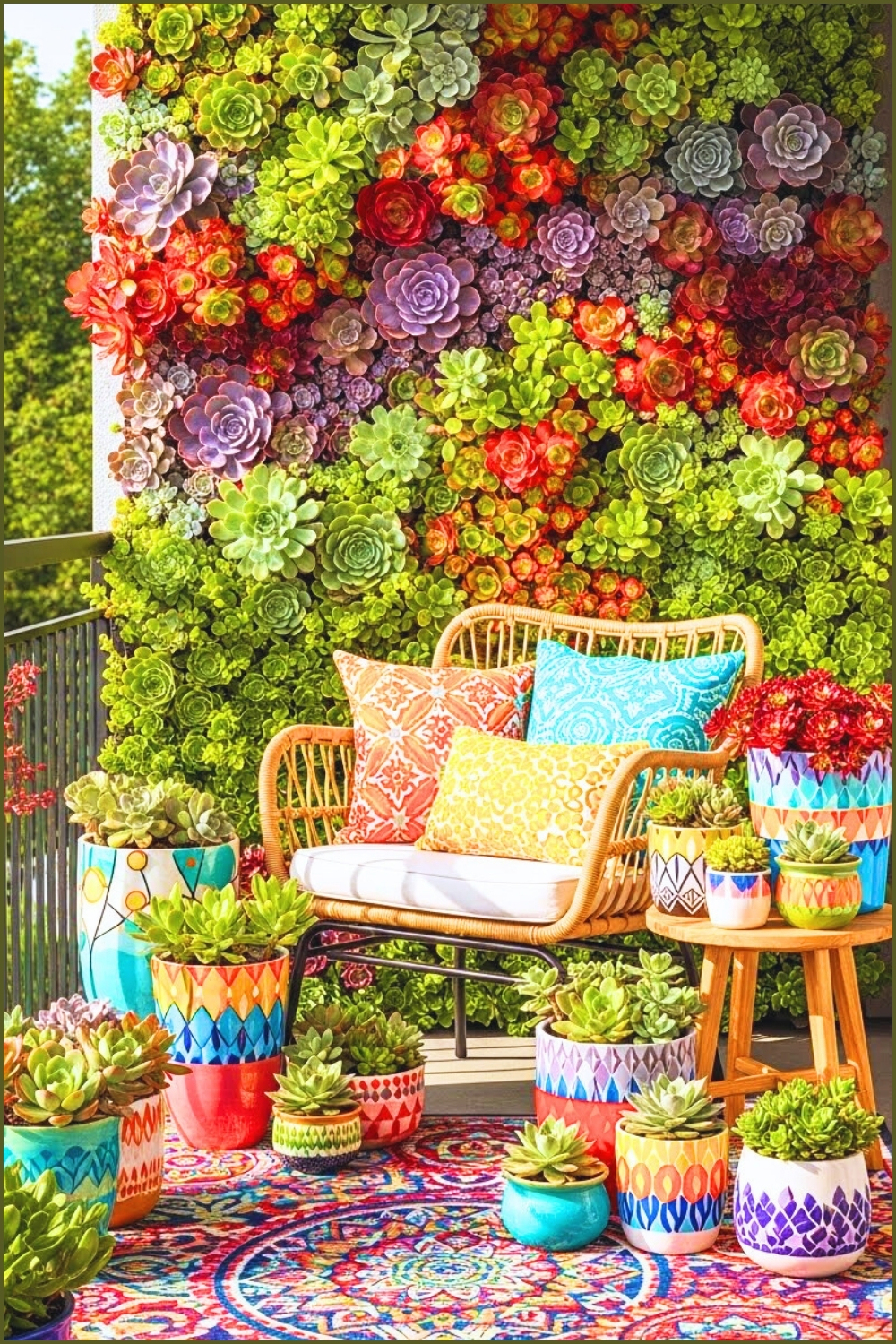 A Colorful Balcony With A Vertical Succulent Garden