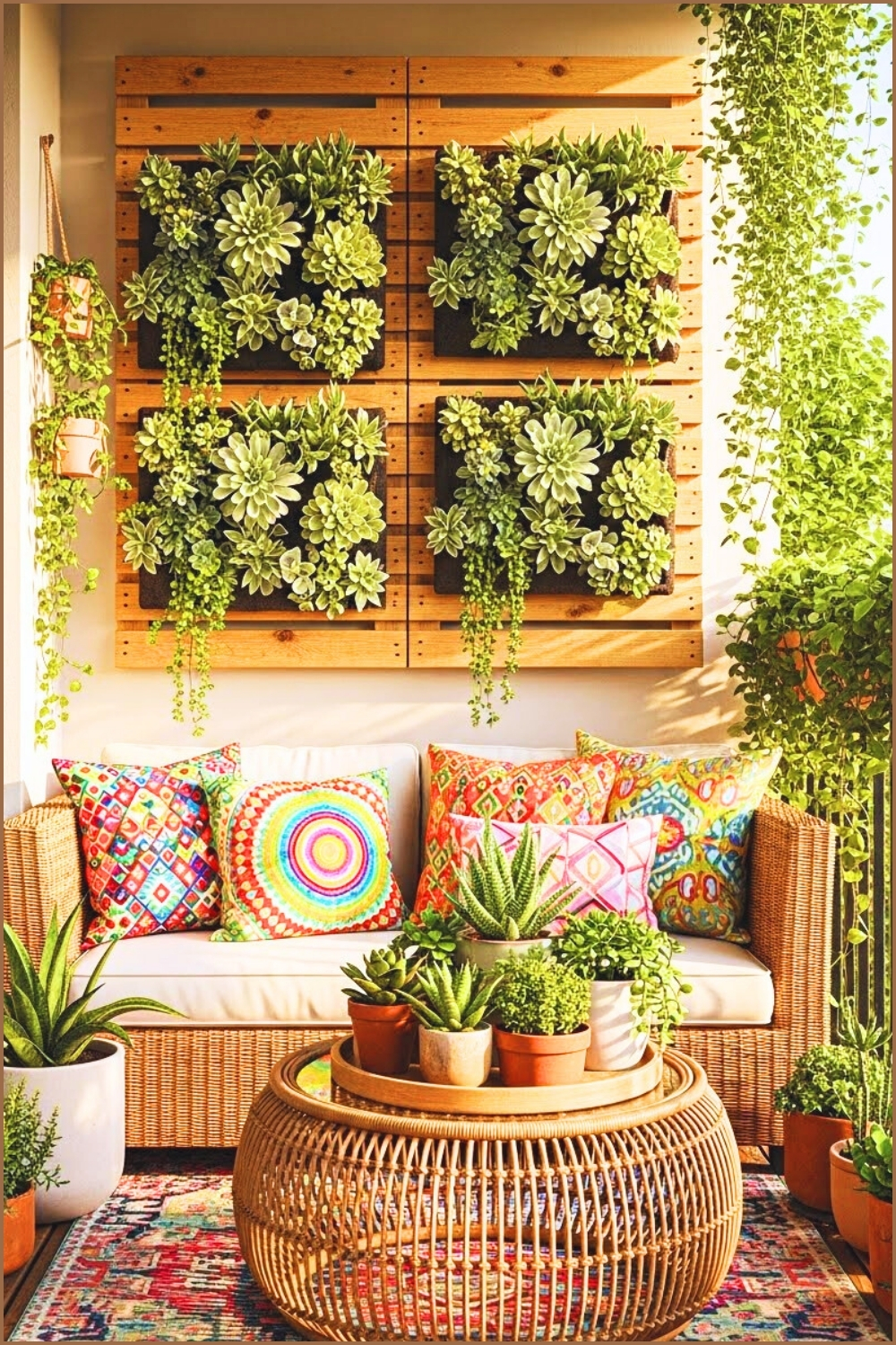A Colorful Boho Balcony With A Vertical Succulent Garden