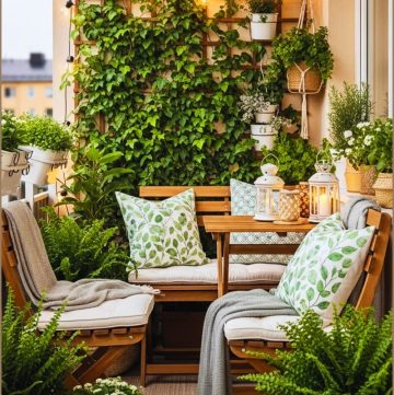 A Compact Balcony With Folding Wooden Furniture Leaf Pattern