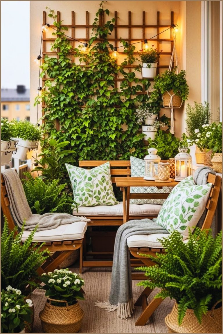 A Compact Balcony With Folding Wooden Furniture Leaf Pattern