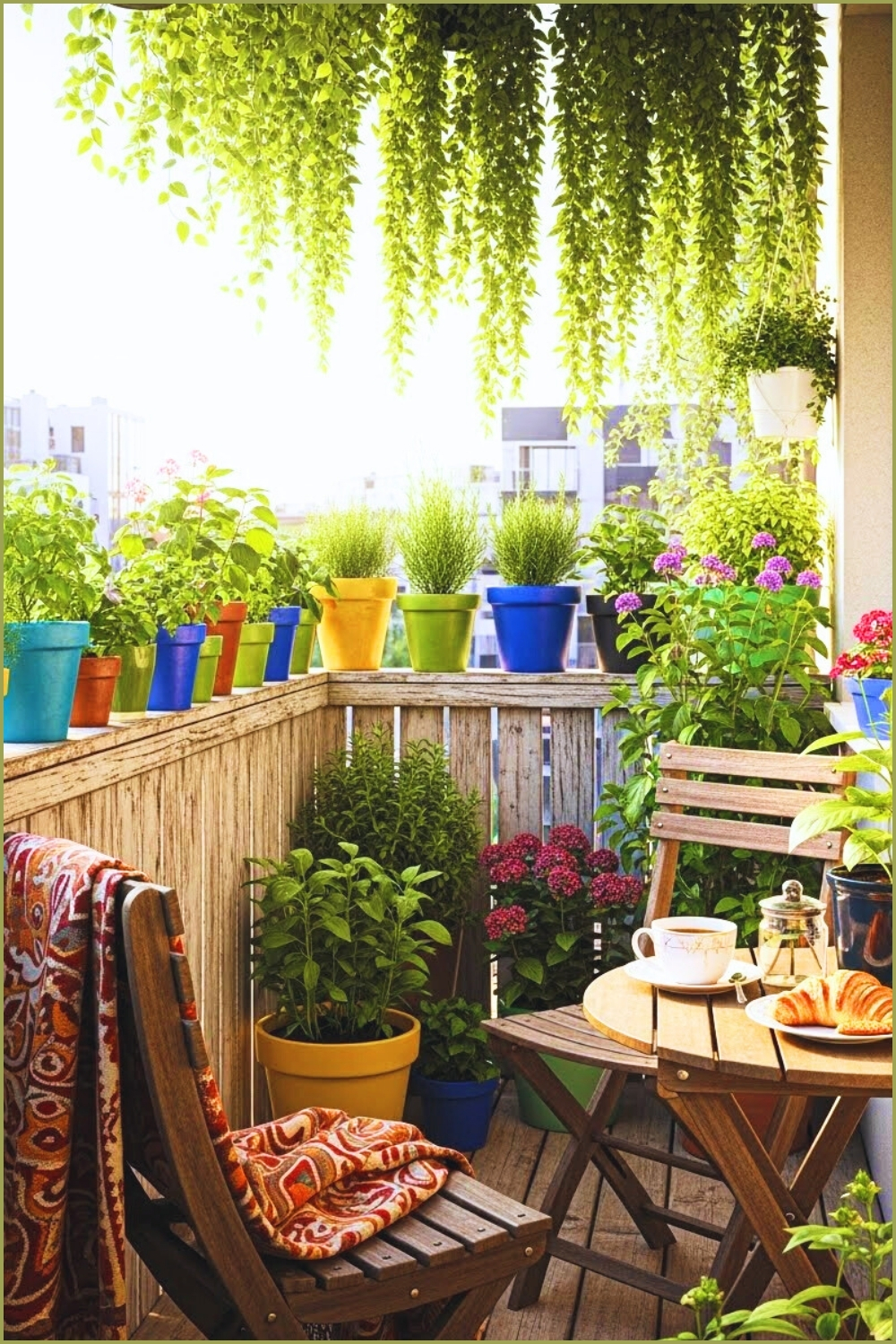 A Cozy Balcony Filled With Potted Plants And Herbs