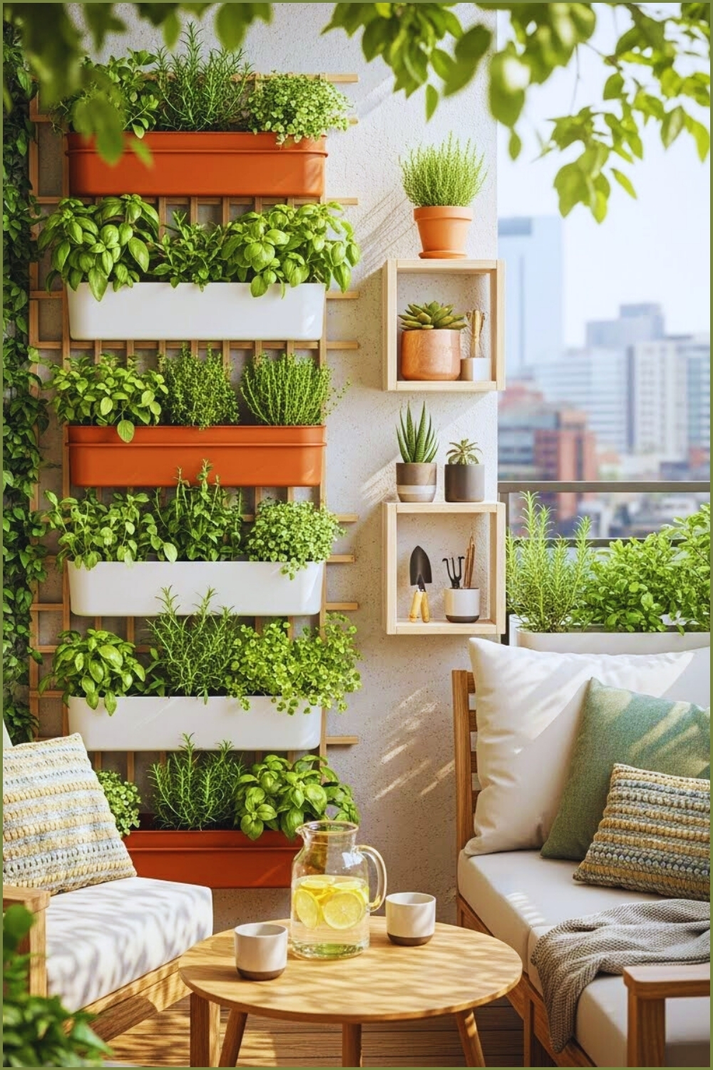 A Cozy Balcony Garden With A Vertical Herb Wall