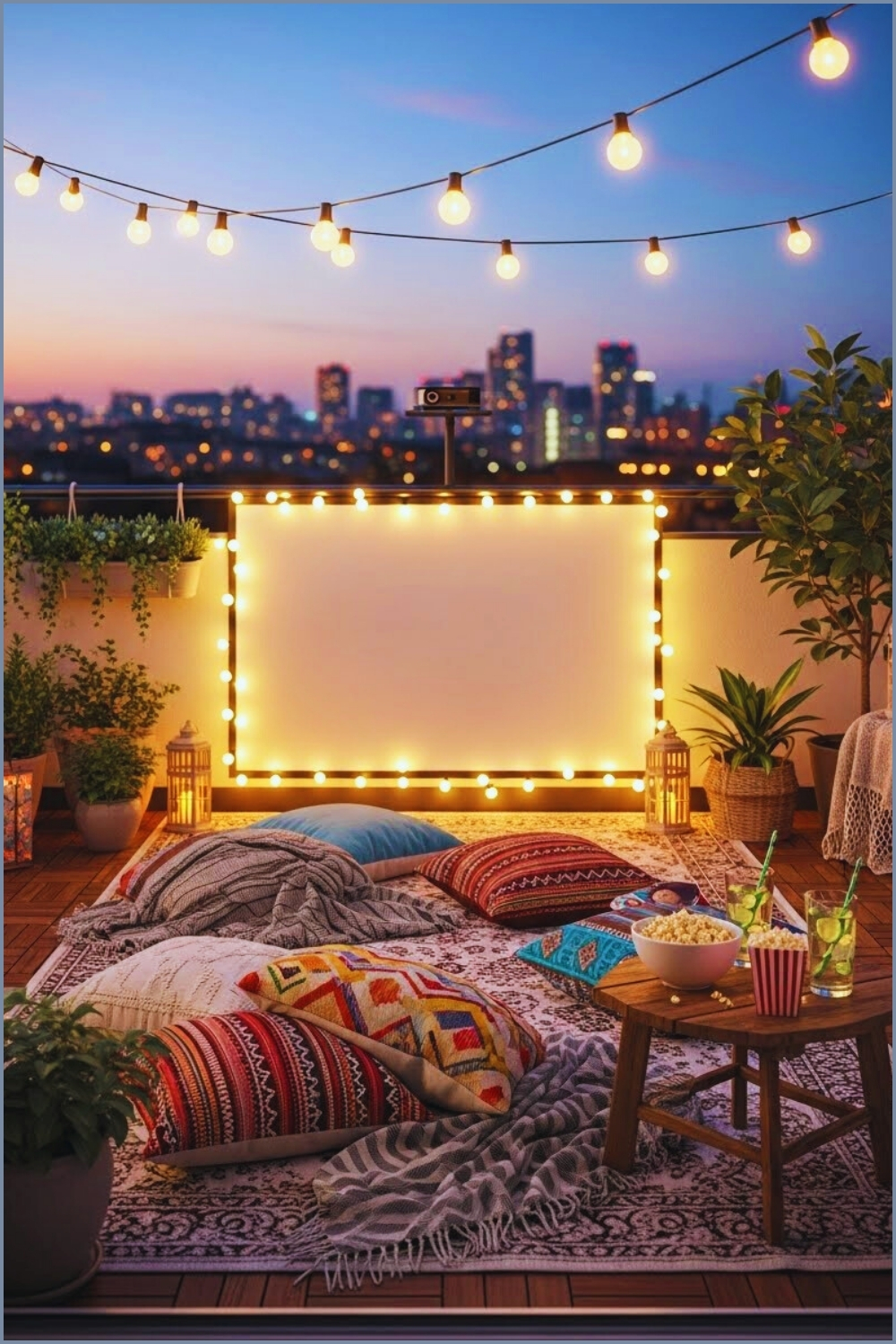 A Cozy Balcony Outdoor Cinema Setup At Dusk