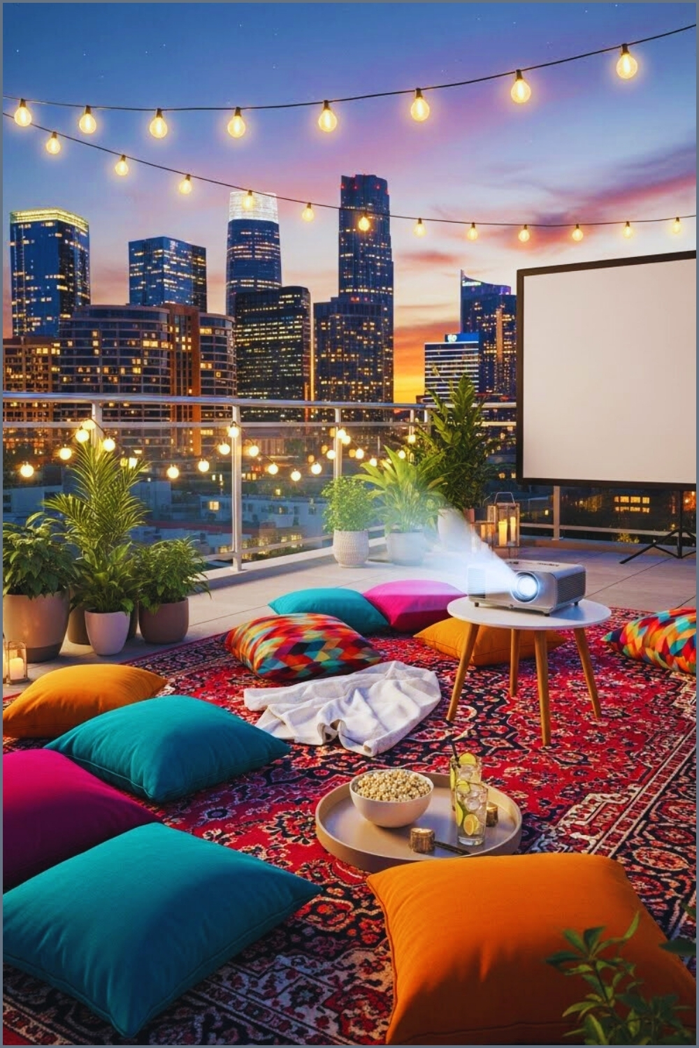 A Cozy Balcony Outdoor Cinema With Colorful Patterned Rug