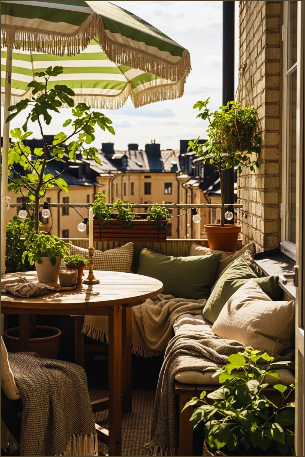 A Cozy Balcony With A Brick Wall, Round Wooden Table
