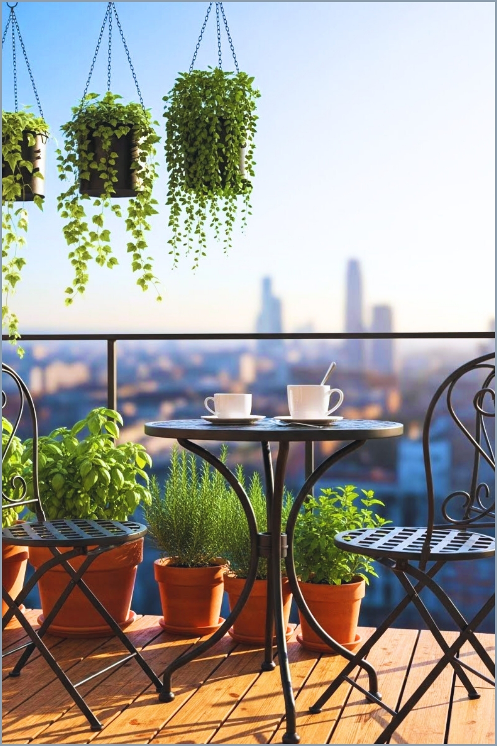 A Cozy Balcony With A Small Round Metal Bistro Table