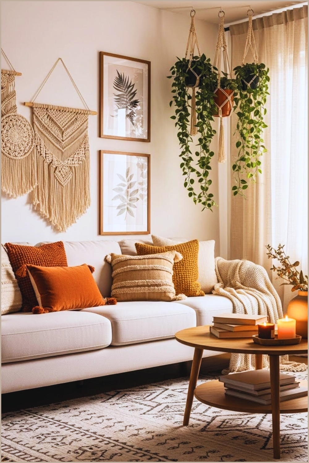 A Cozy Bohemian Living Room With A Soft Cream Upholstered