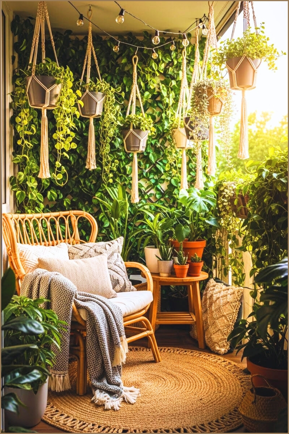A Cozy Boho Balcony Oasis With Hanging Macrame Planters