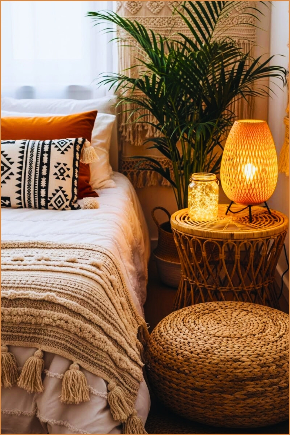 A Cozy Boho Bedroom Interior White Bedding Layered