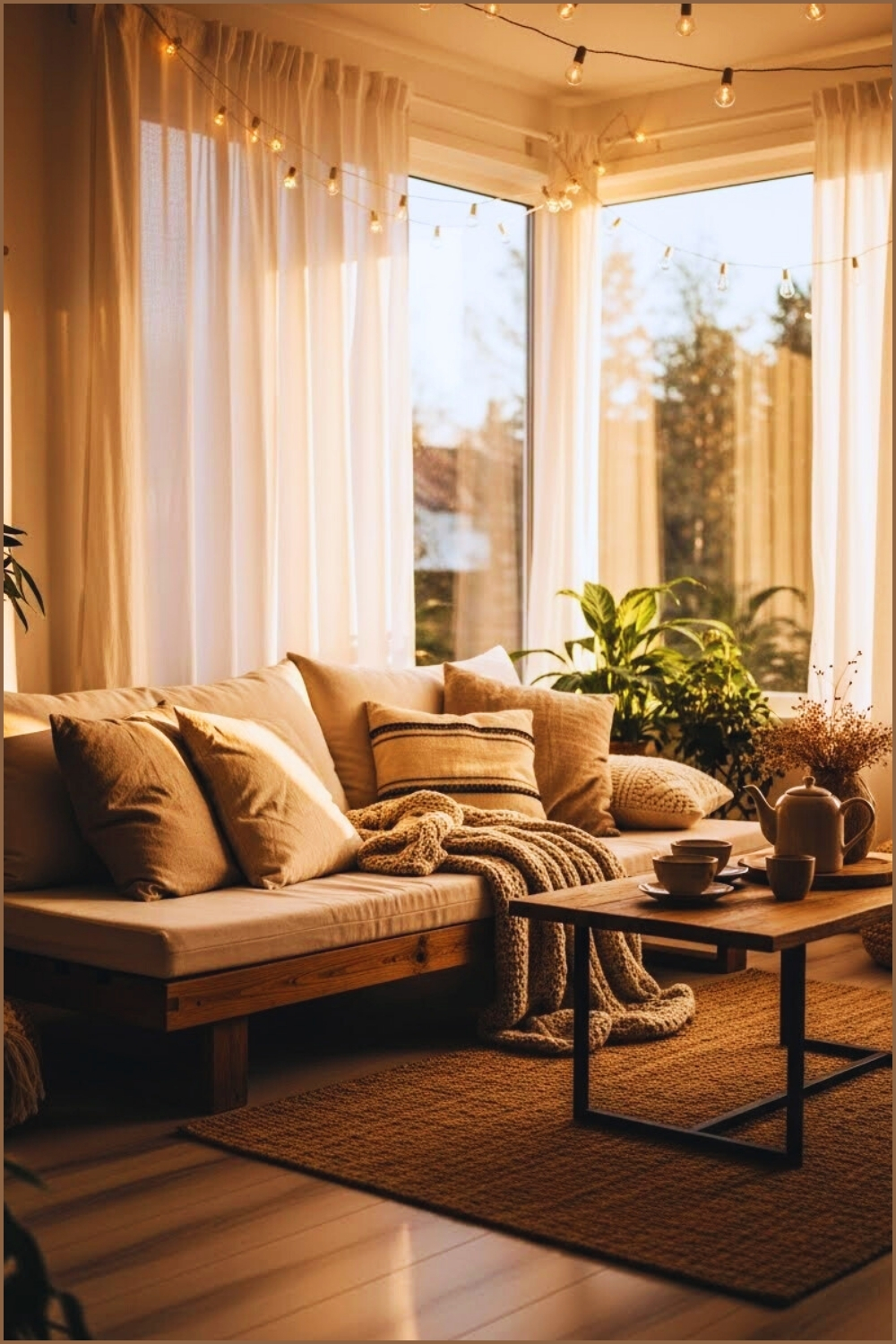 A Cozy Boho Cottagecore Living Room Glowing With Warm